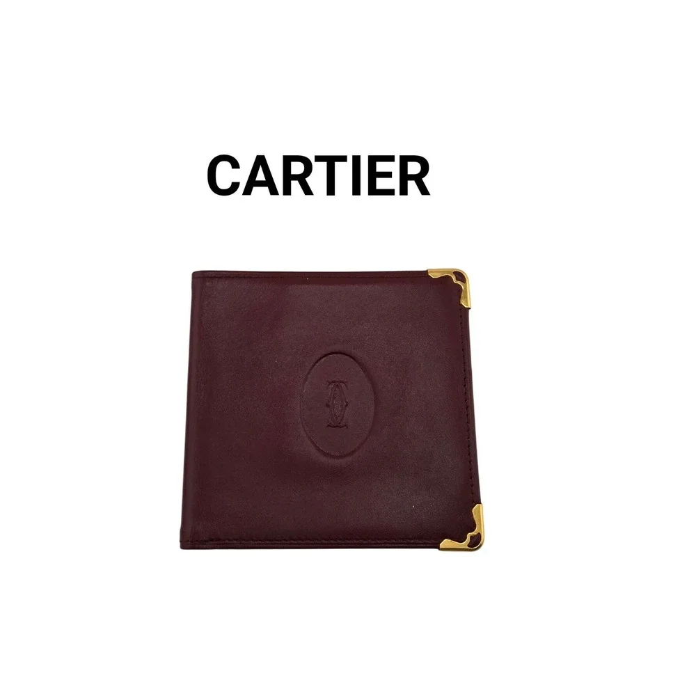 Cartier Must de Cartier Bifold Wallet Burgundy Leather Gold Corners Logo ID Slot